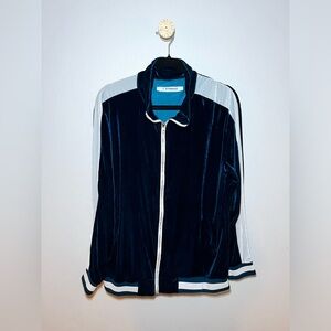 VINTAGE MENS COLOR BLOCK STAND COLLAR FULL ZIP VELOUR TRACK JACKET. MEDIUM